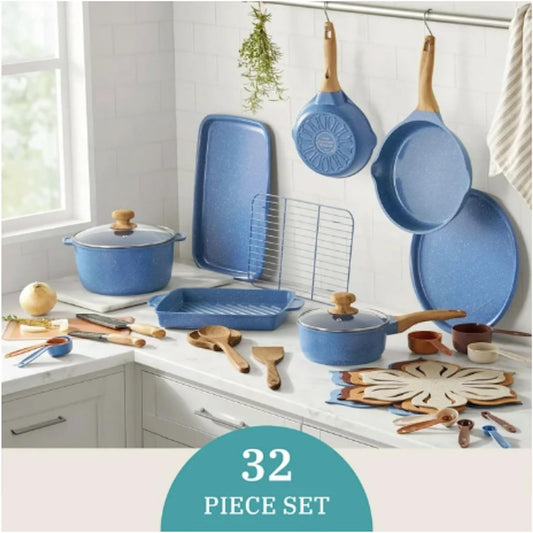 32-Piece Ceramic Nonstick Cookware Set with Utensils & Bakeware - Blue - Image 2