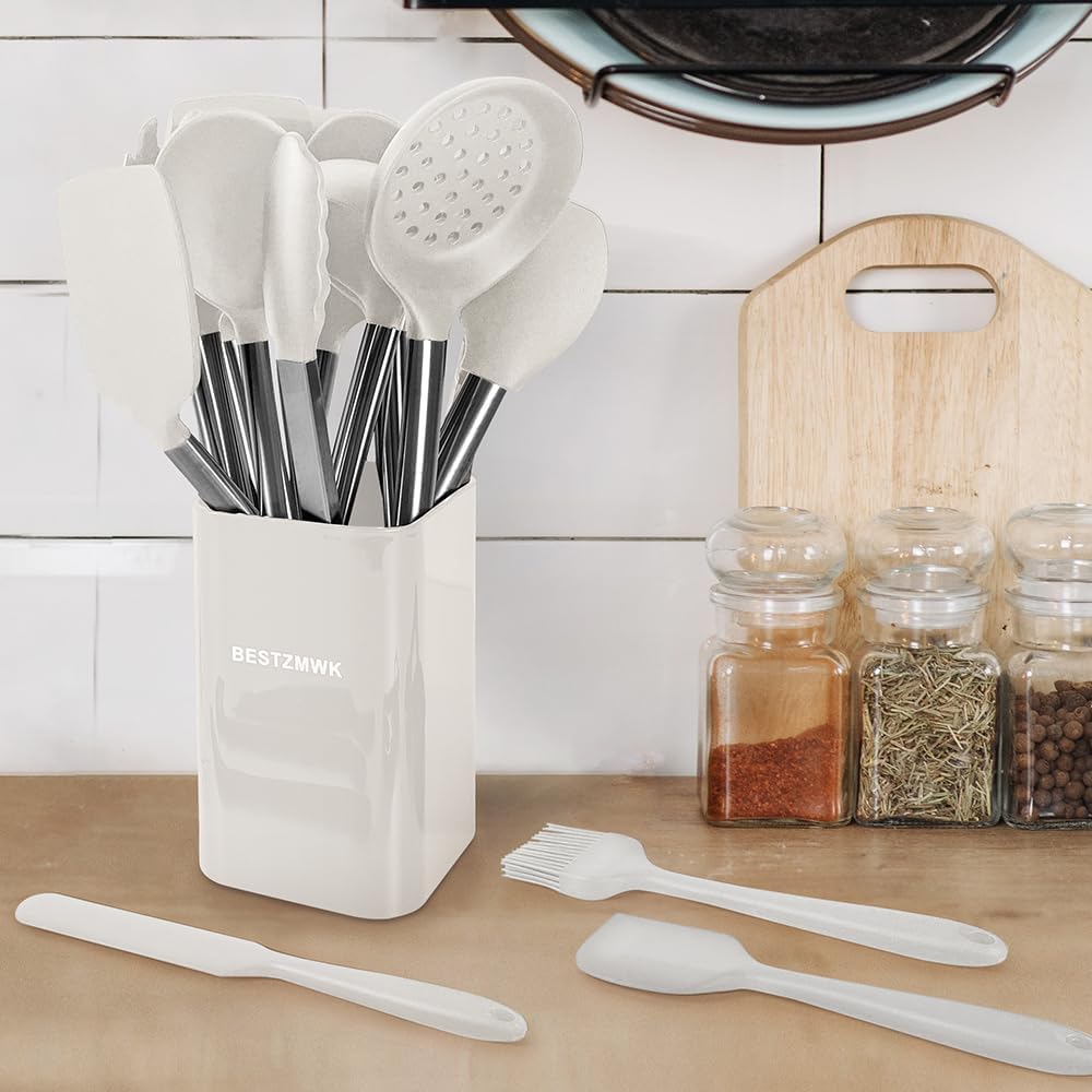 33-Piece Silicone Kitchen Utensils Set — Stainless Steel Handles - Cream White - Image 15