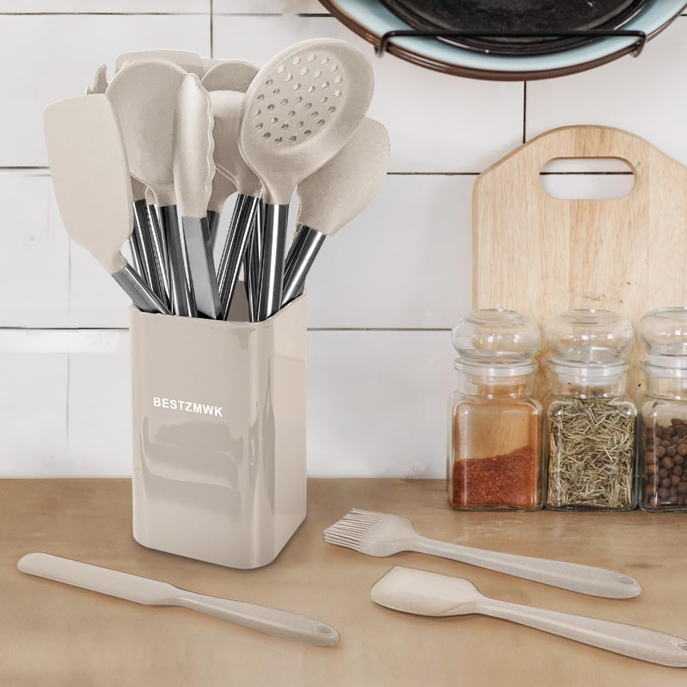 33-Piece Silicone Kitchen Utensils Set — Stainless Steel Handles - Khaki - Image 9