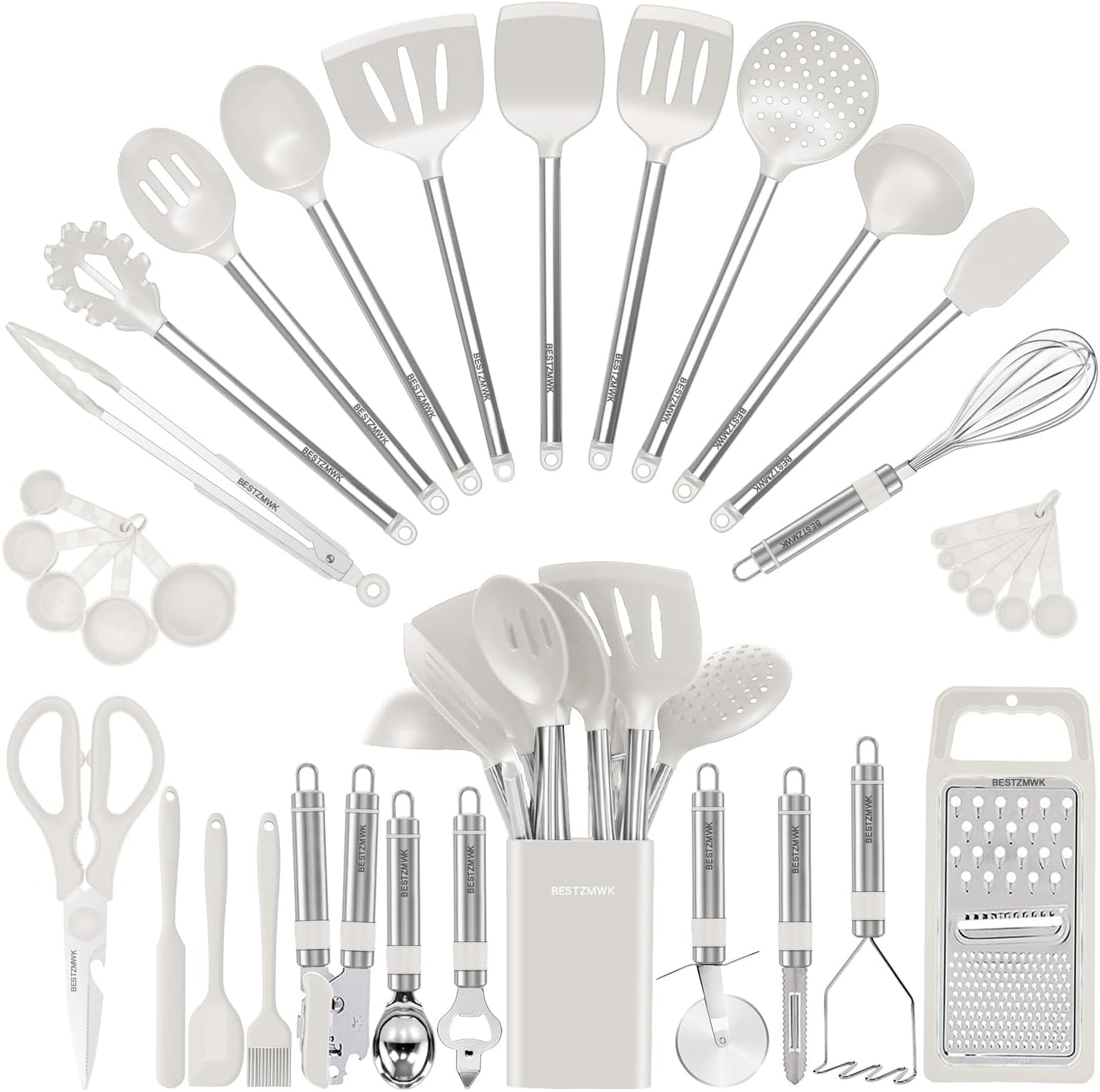 33-Piece Silicone Kitchen Utensils Set — Stainless Steel Handles - Cream White