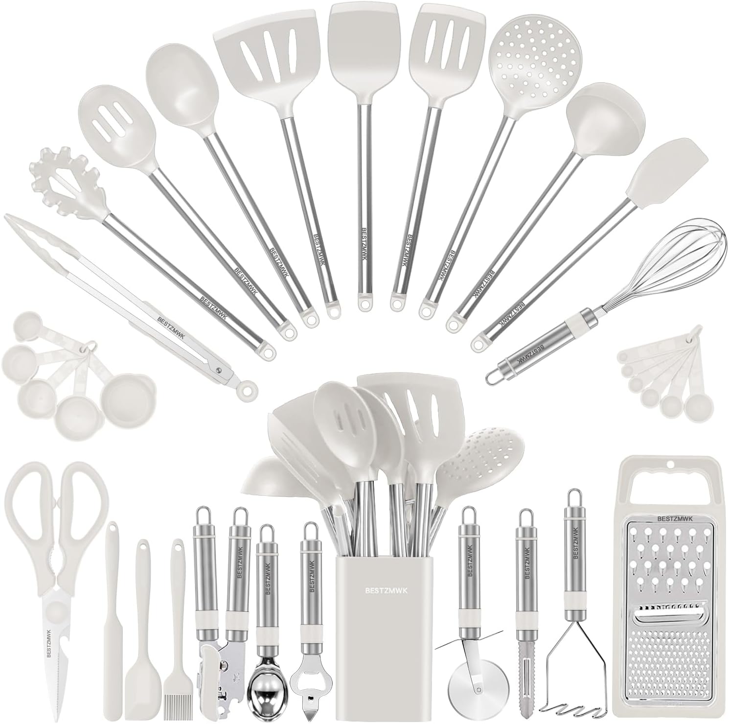 33-Piece Silicone Kitchen Utensils Set — Stainless Steel Handles - Cream White