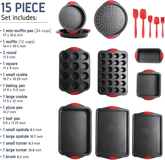 15-Piece Premium Nonstick Bakeware Set — BPA Free, Silicone Handles - Black - Image 2