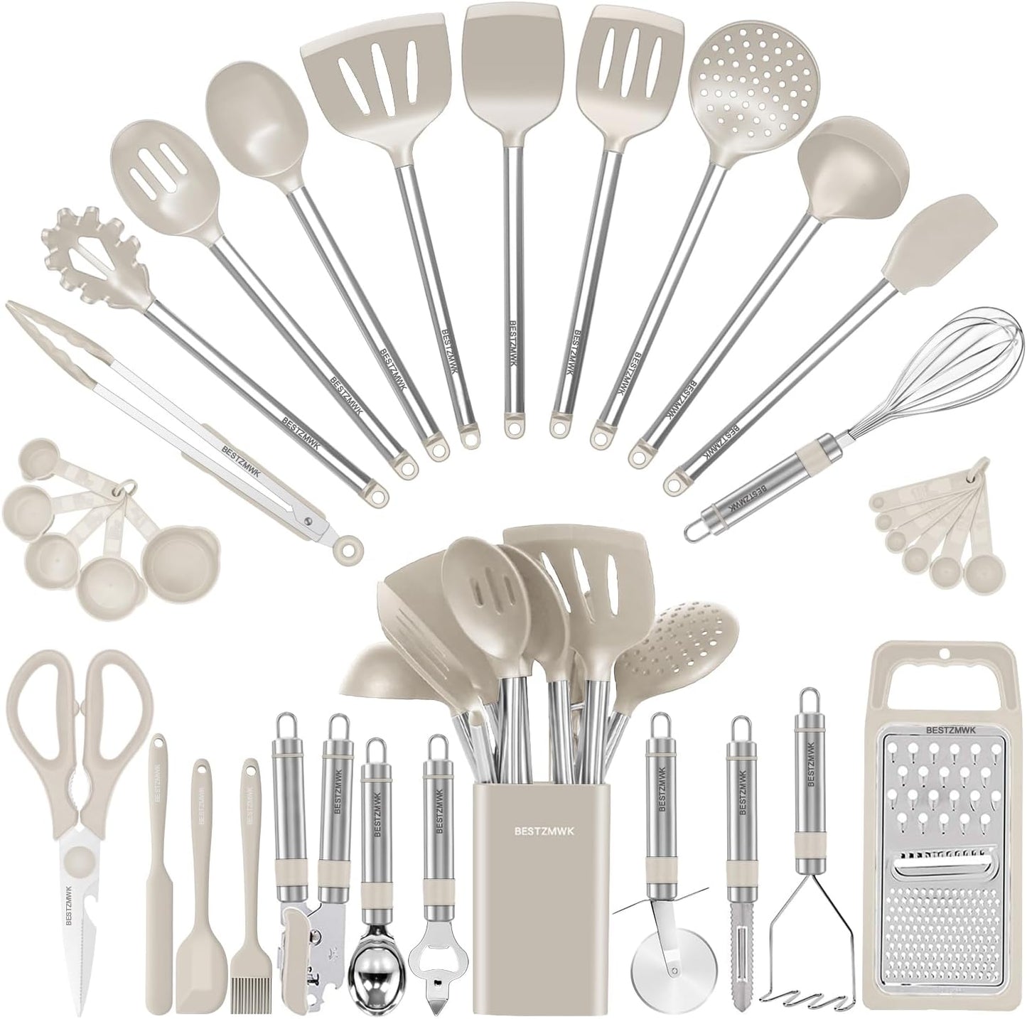 33-Piece Silicone Kitchen Utensils Set — Stainless Steel Handles - Khaki