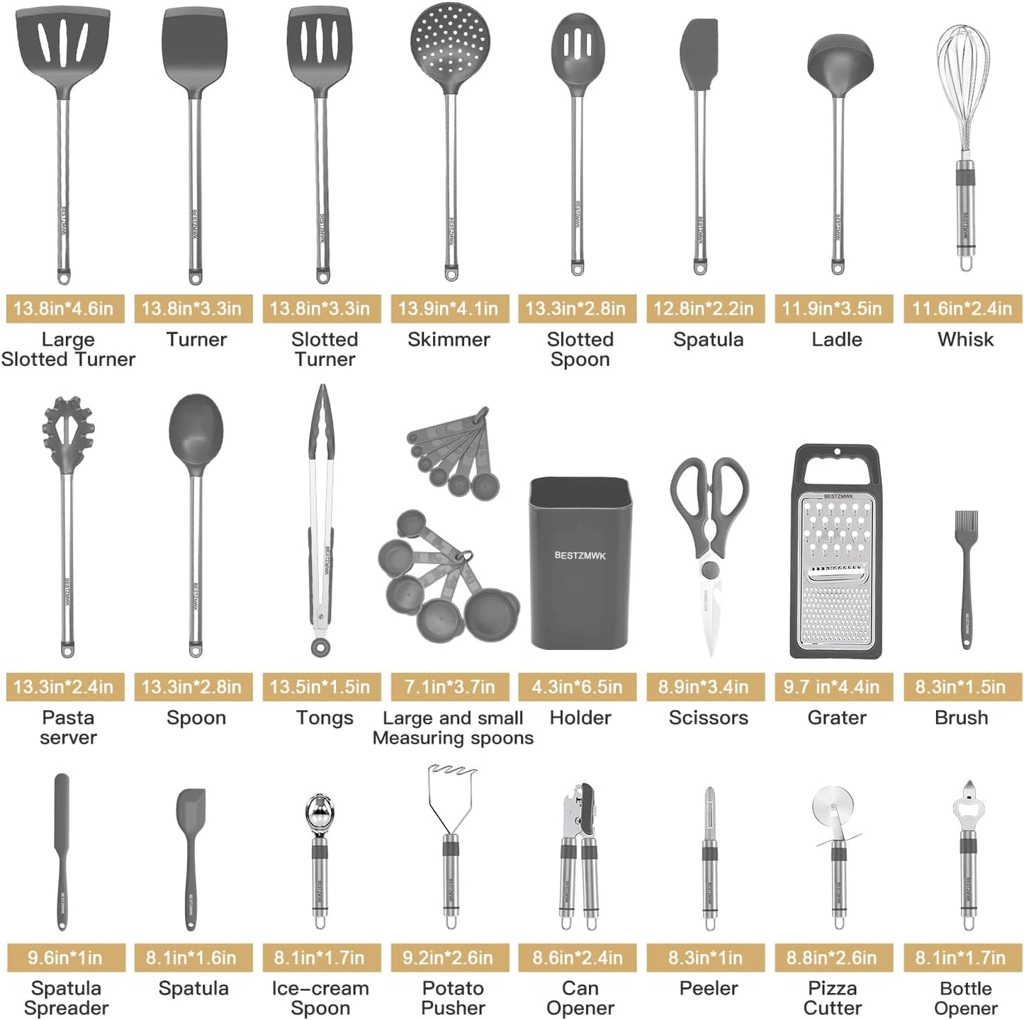 33-Piece Silicone Kitchen Utensils Set — Stainless Steel Handles - Gray - Image 11
