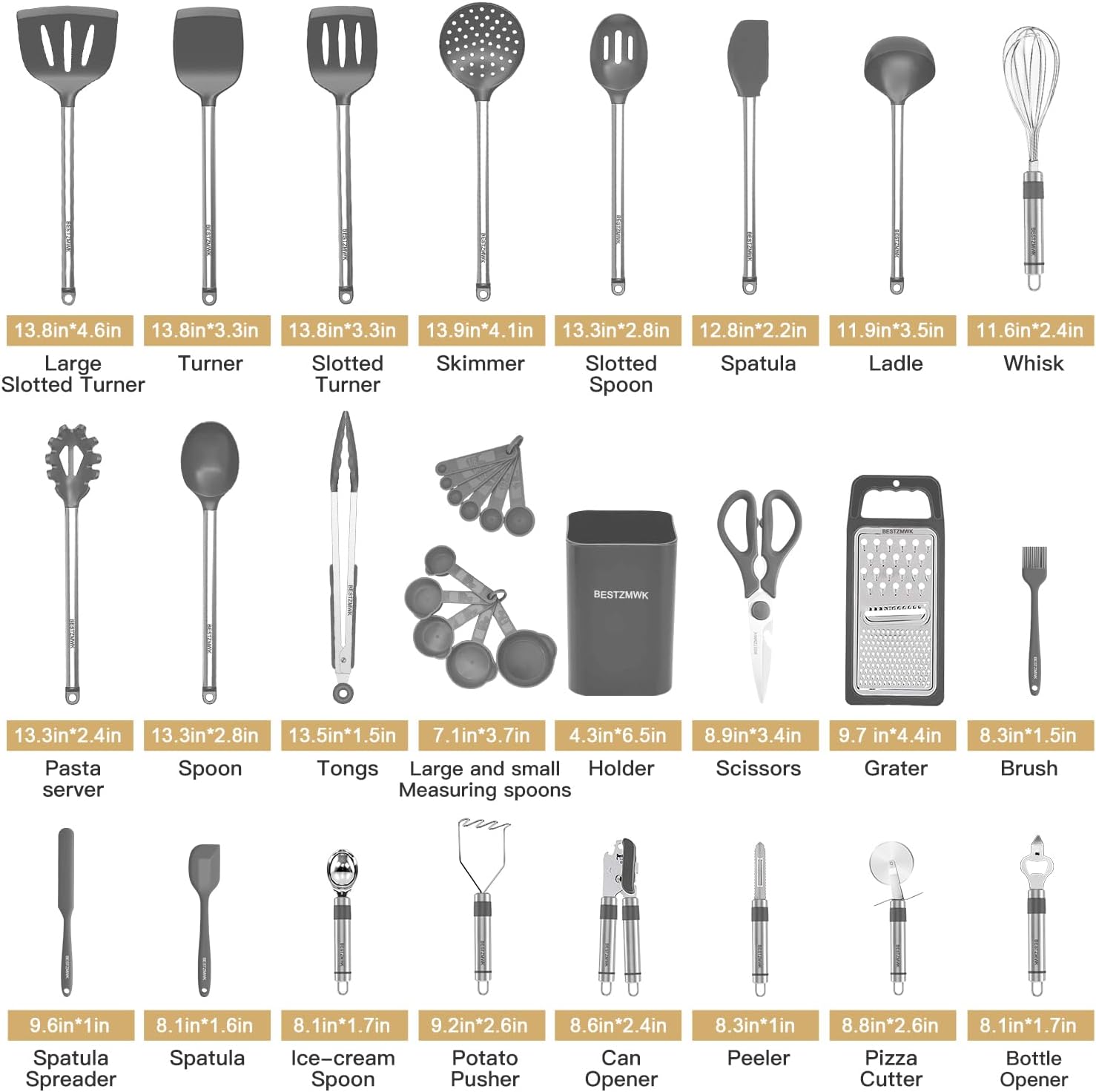 33-Piece Silicone Kitchen Utensils Set — Stainless Steel Handles - Gray - Image 11