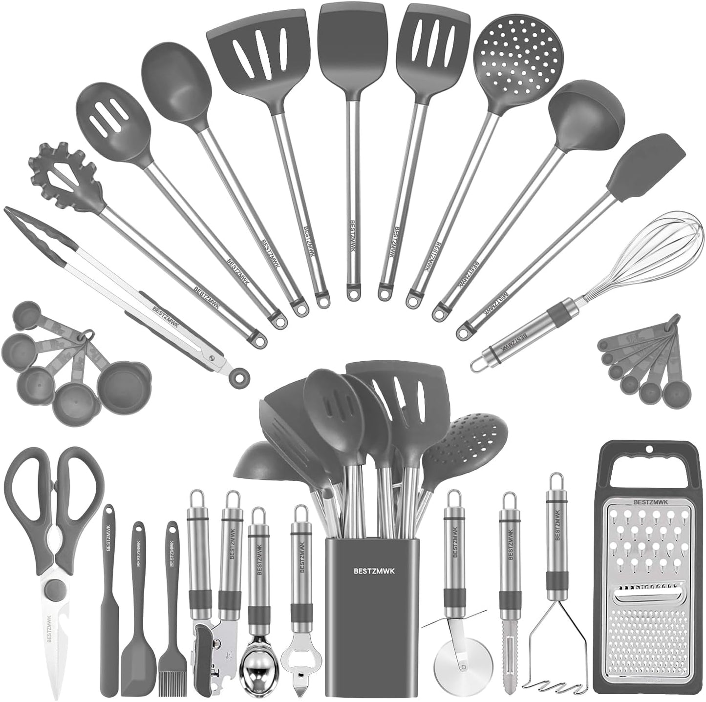 33-Piece Silicone Kitchen Utensils Set — Stainless Steel Handles - Gray