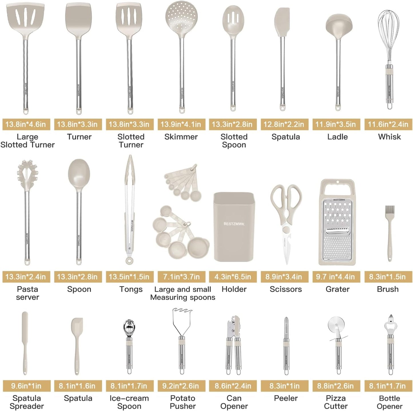 33-Piece Silicone Kitchen Utensils Set — Stainless Steel Handles - Khaki - Image 8