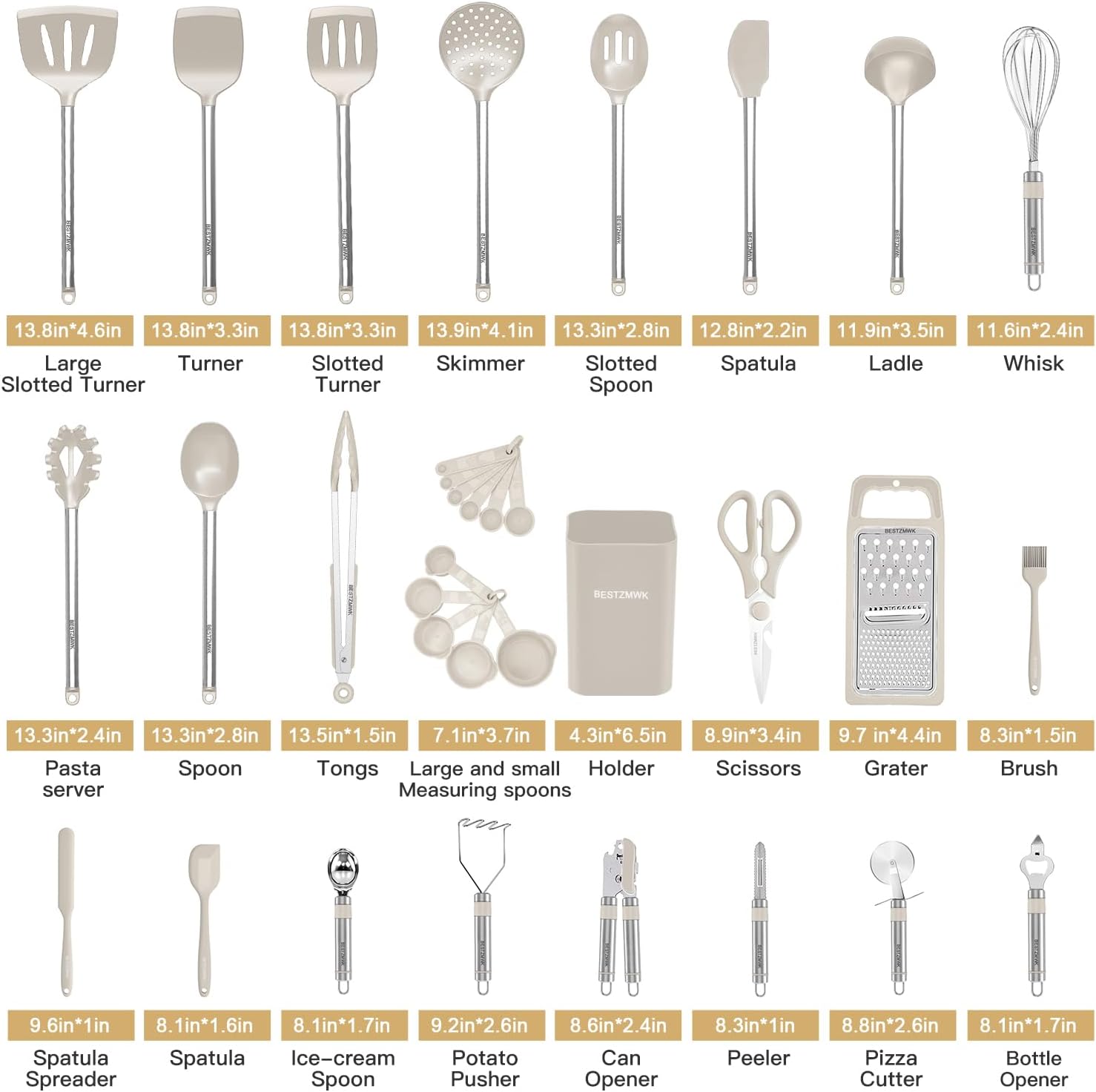33-Piece Silicone Kitchen Utensils Set — Stainless Steel Handles - Khaki - Image 8